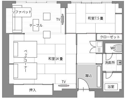月の棟 Aタイプ スタンダード和洋室 大部屋の間取り図